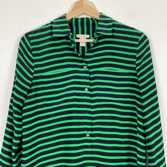 J Crew Silk Womens 2 Long Sleeve Striped Pullover 1/2 Button 2 Pockets Tunic Top - Picture 3 of 8